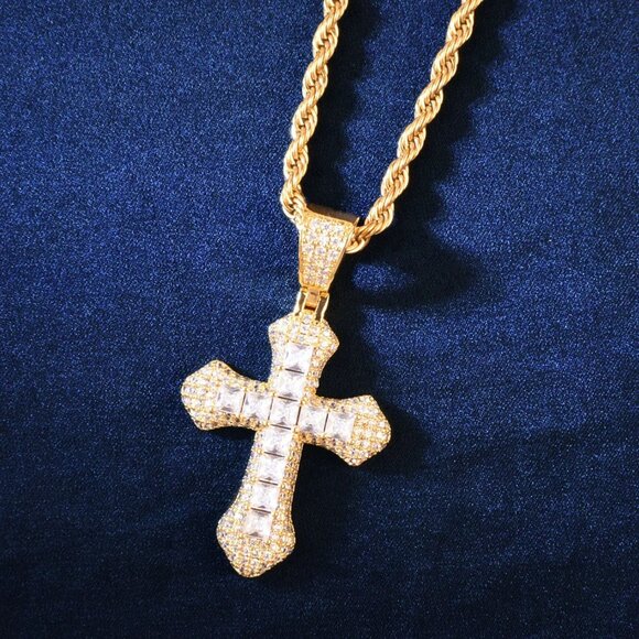 Iced Out Gold & Silver Color Cross Pendant For Men with Rope Chain - Picture 6 of 9